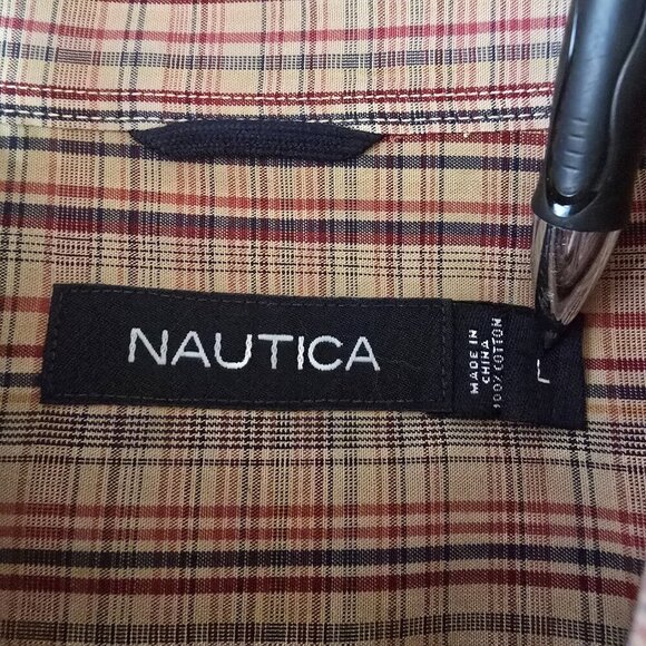 NAUTICA SHORT SLEEVE MENS BUTTON DOWN RUST TAN AND GOLD SIZE LARGE EUC - Picture 2 of 6